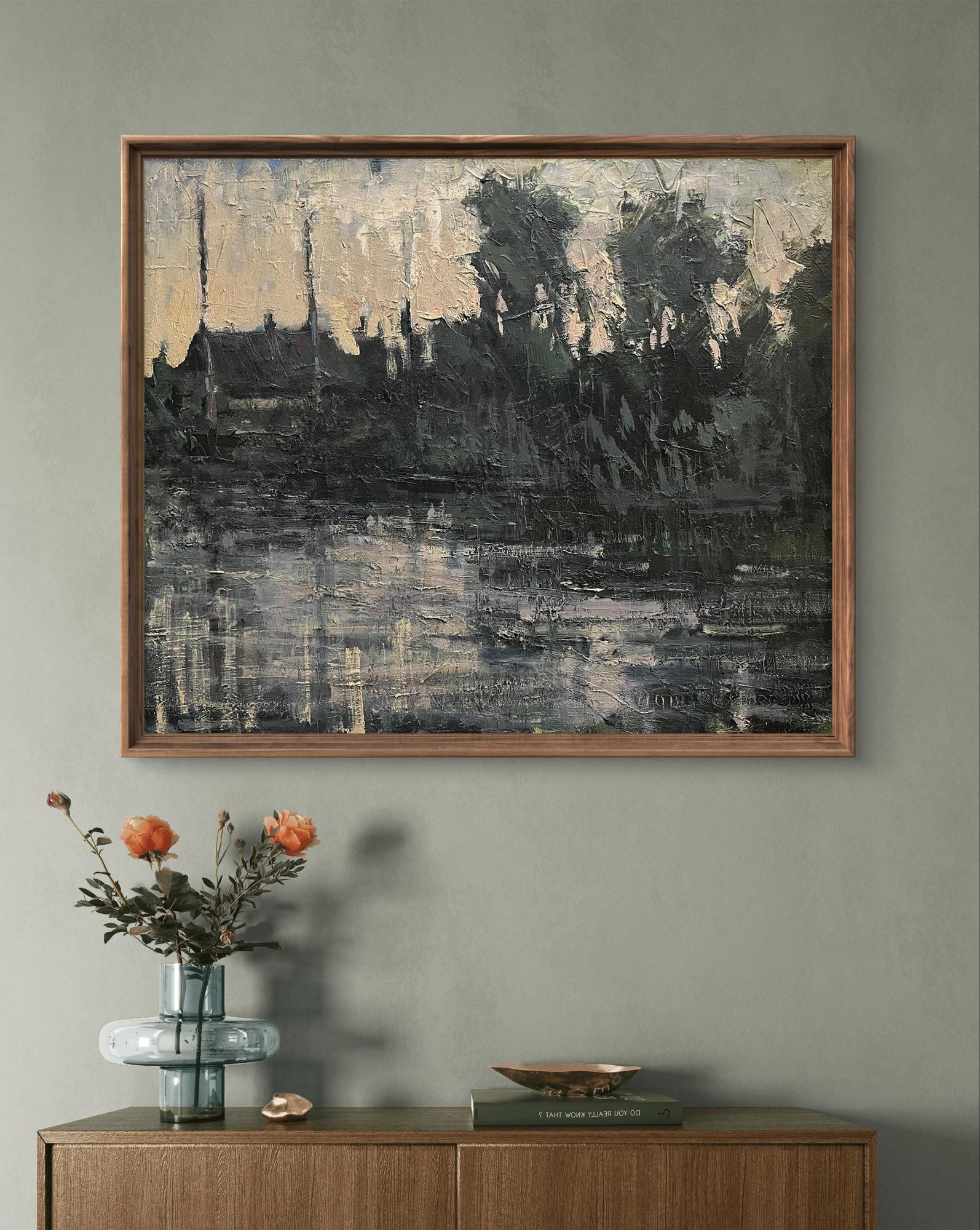 Oil painting Village river by Volodymyr Pashchenko in wooden frame