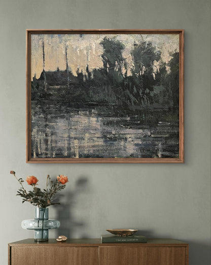 Oil painting Village river by Volodymyr Pashchenko in wooden frame