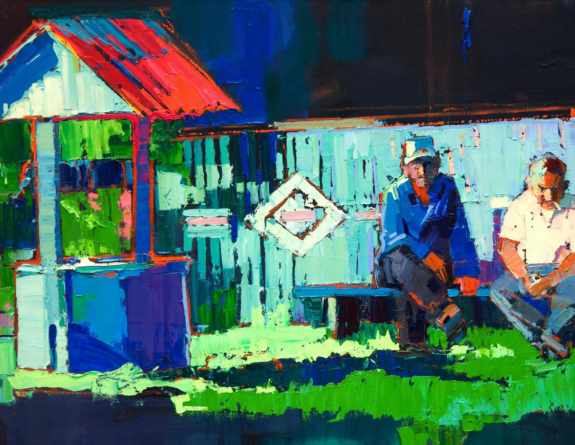 Vibrant blue red wooden shed in Natalia Korf-Ivaniuk oil painting Quiet village life