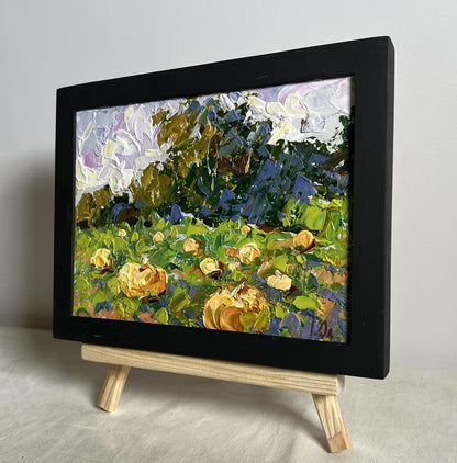 Vibrant impressionist oil painting of yellow roses by Oleksiy Ivanyuk, framed