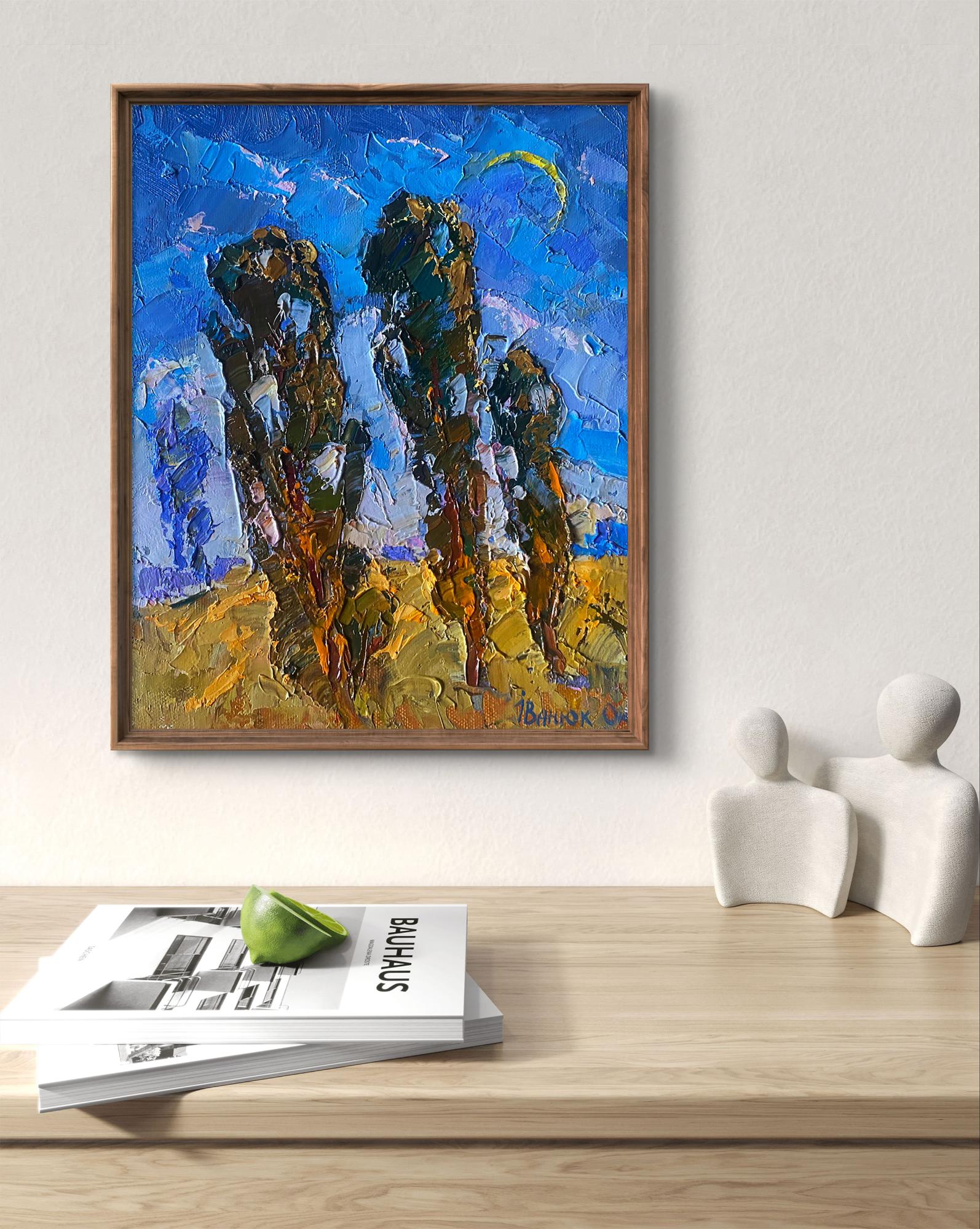 Framed Oil painting On the Road by Oksana Ivanyuk with silhouetted figures