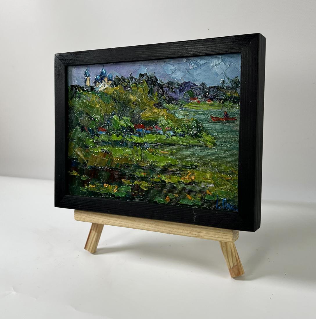 Oil painting Evening on the lake by Oksana Ivanyuk on wooden easel