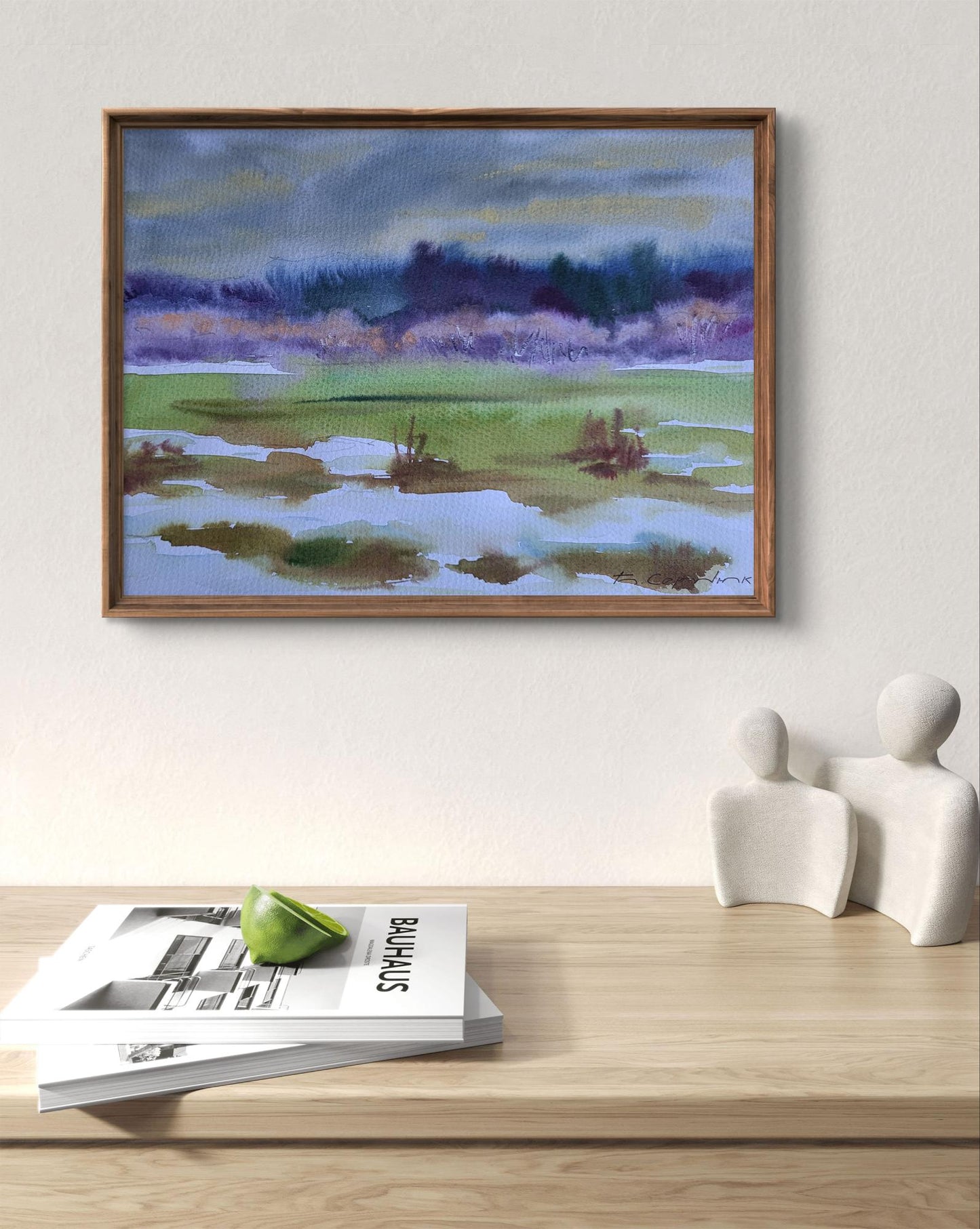 Framed watercolor of First Snow Silence by Boris Serdyuk, serene marsh scene