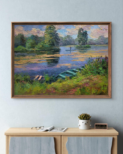Framed impressionist oil painting Boat on the Pond by Boris Serdyuk