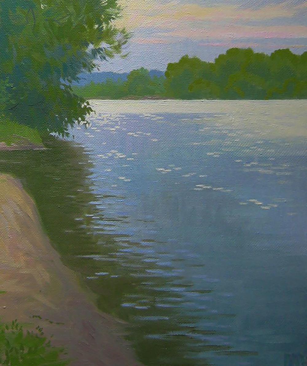 Serene oil painting of summer river at dusk by Valery Savenets
