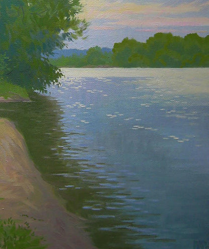 Serene oil painting of summer river at dusk by Valery Savenets