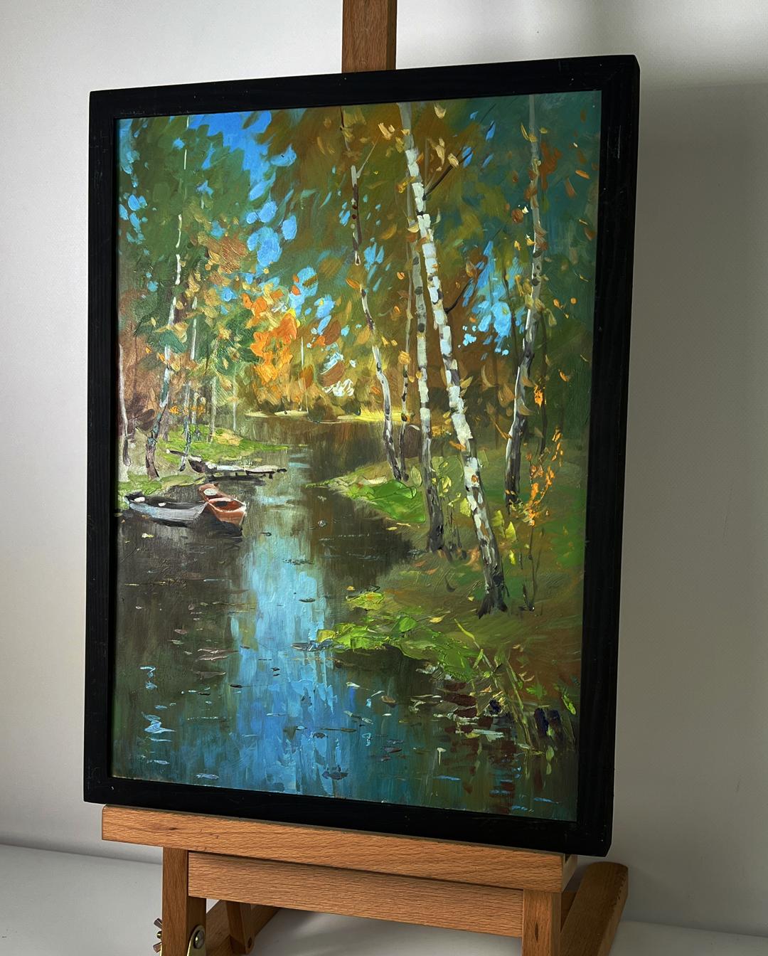 Framed oil painting of autumn river forest by Yuriy Suprunchuk