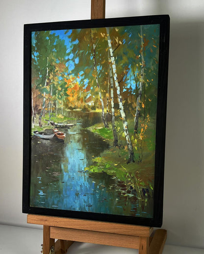 Framed oil painting of autumn river forest by Yuriy Suprunchuk
