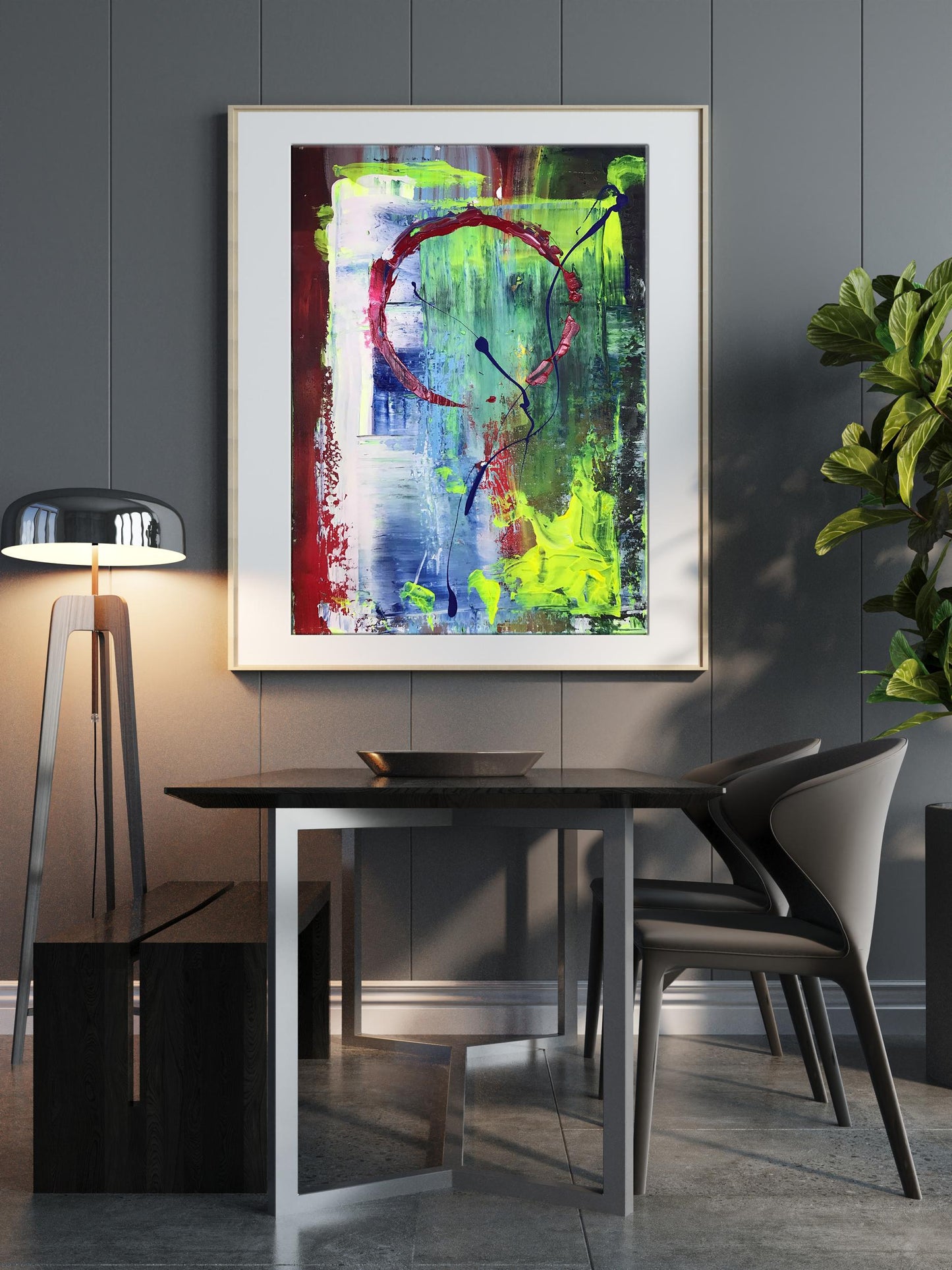 Vibrant acrylic painting Red sun by Olga Melezhik in white frame