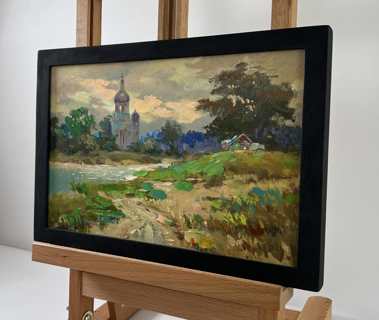 Oil painting Church over the river by Yuriy Suprunchuk in black frame