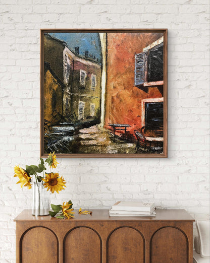 Framed oil painting Unchanging by Serhiy Kovalev: sunlit alleyway