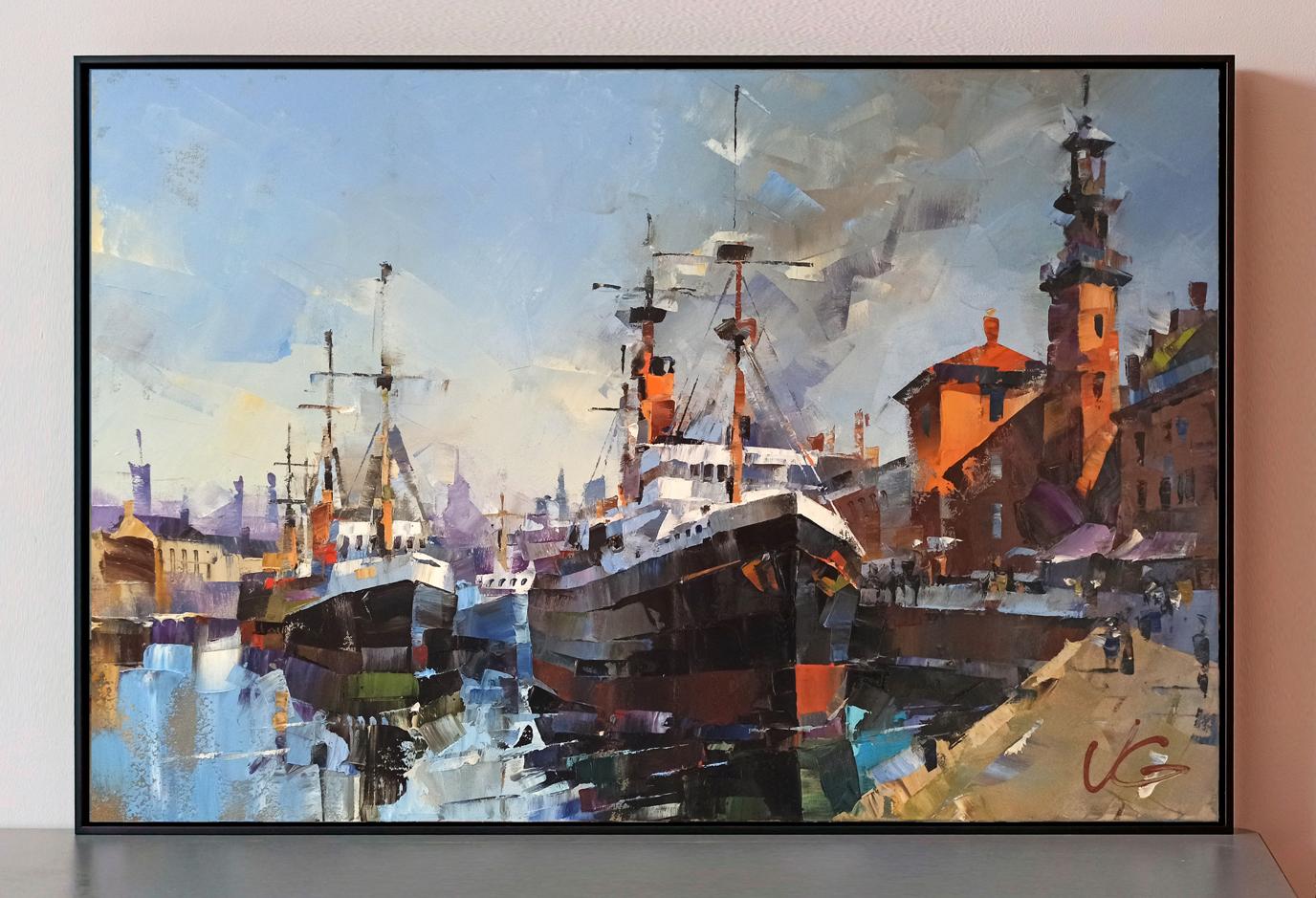 Oil painting Morning Bustle by Volodymyr Gluhomanyuk, impressionist harbor scene