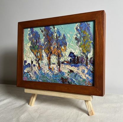 Oil painting Young poplars in the field by Oksana Ivanyuk, textured blue-purple trees