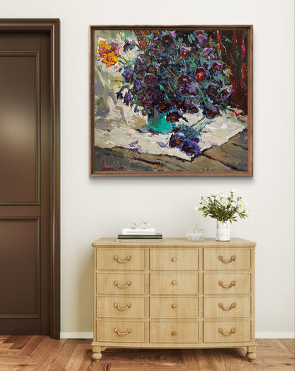 Vibrant impressionist oil painting Dream grass by Oksana Ivanyuk in teal vase