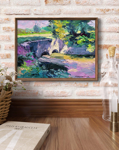 Oil painting Dam by Boris Serdyuk: impressionist bridge landscape in frame