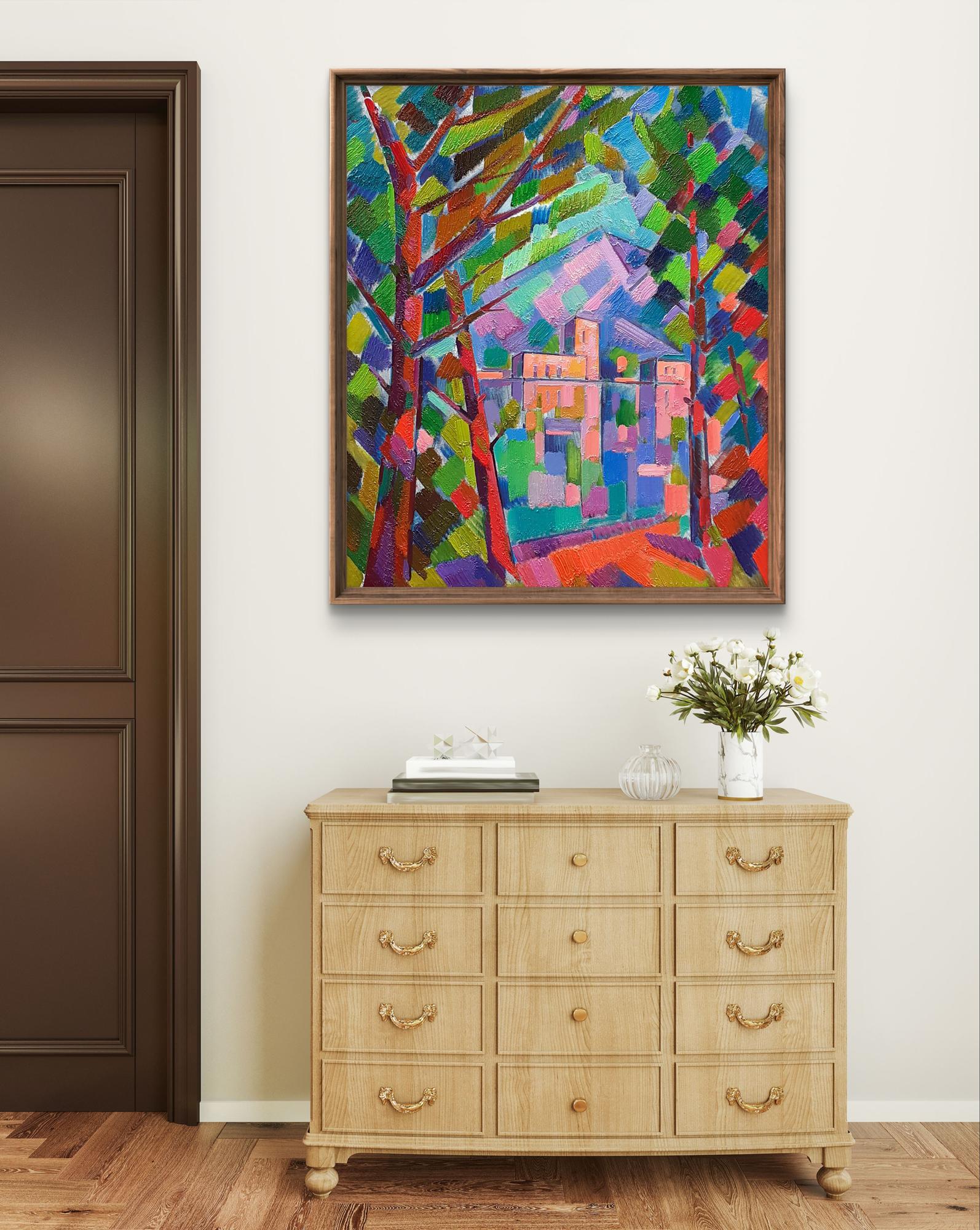 Vibrant oil painting In the mountains by Peter Dobrev in dark wood frame