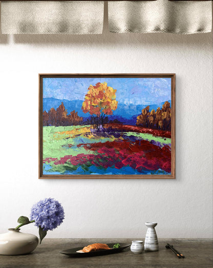 Oil painting Autumn lonely tree by V. Zadorozhnya in wooden frame