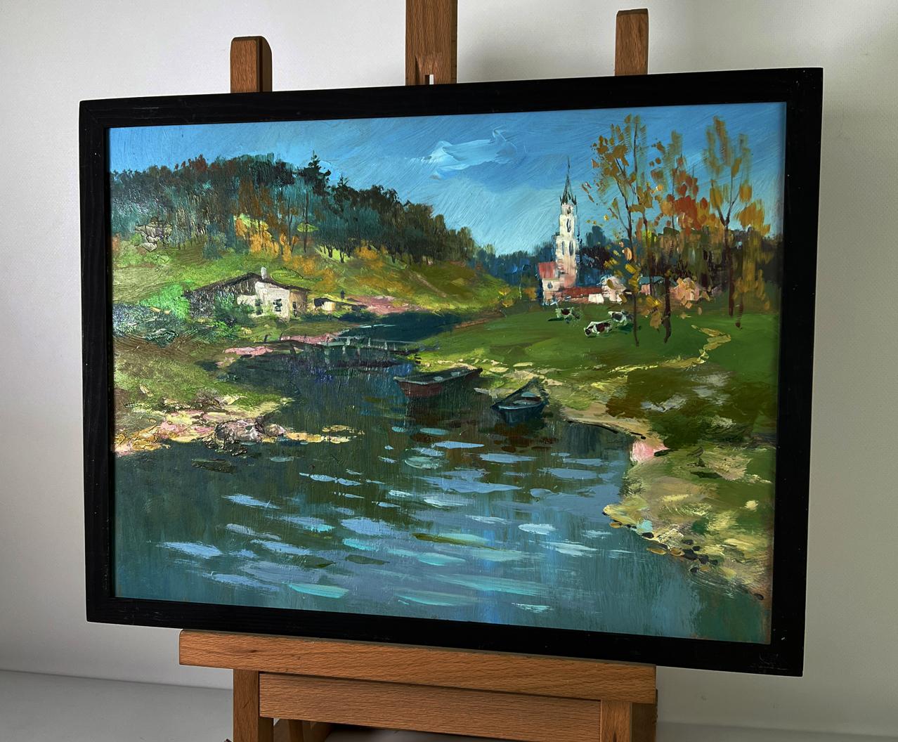Oil painting River to the village by Yuriy Suprunchuk serene autumn scene
