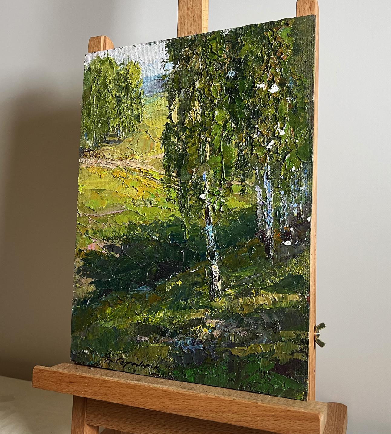 Vibrant impressionist oil painting of birch forest on sunny day by Boris Serdyuk