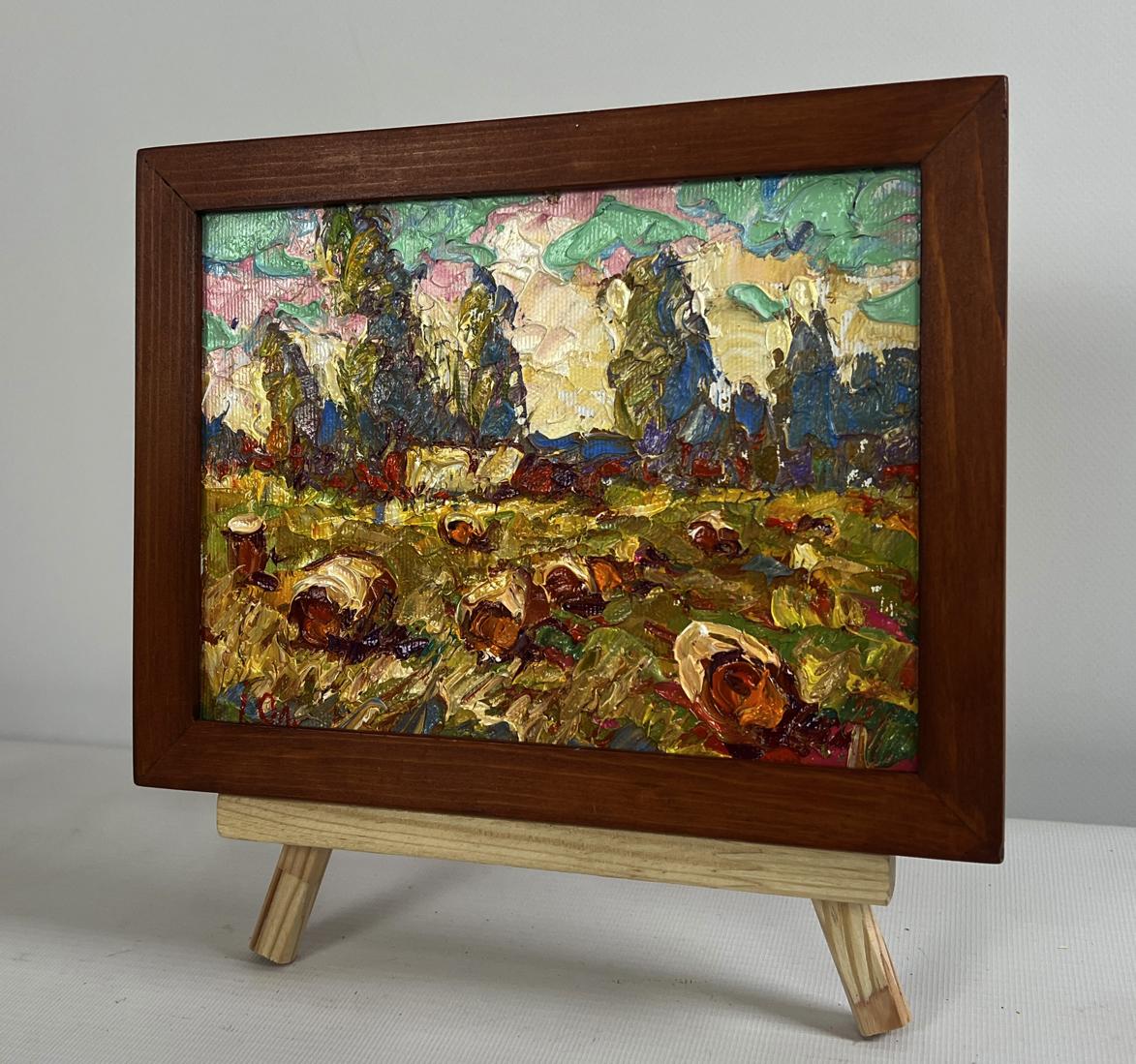 Oil painting Haystacks in the field by Oleksiy Ivanyuk in wooden frame