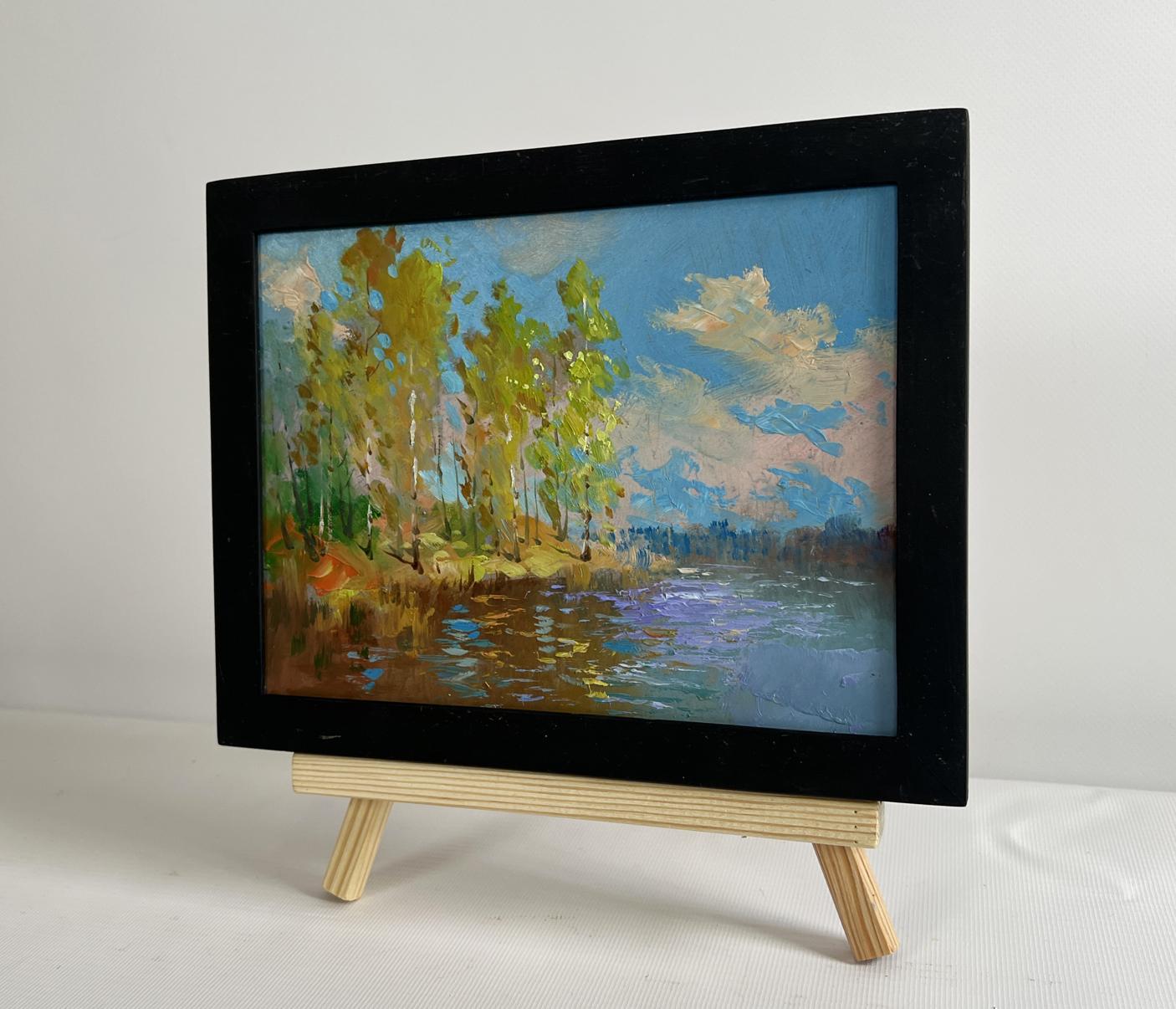 Oil painting Reflection of autumn in river by Yuriy Suprunchuk lakeside scene