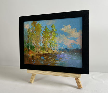 Oil painting Reflection of autumn in river by Yuriy Suprunchuk lakeside scene