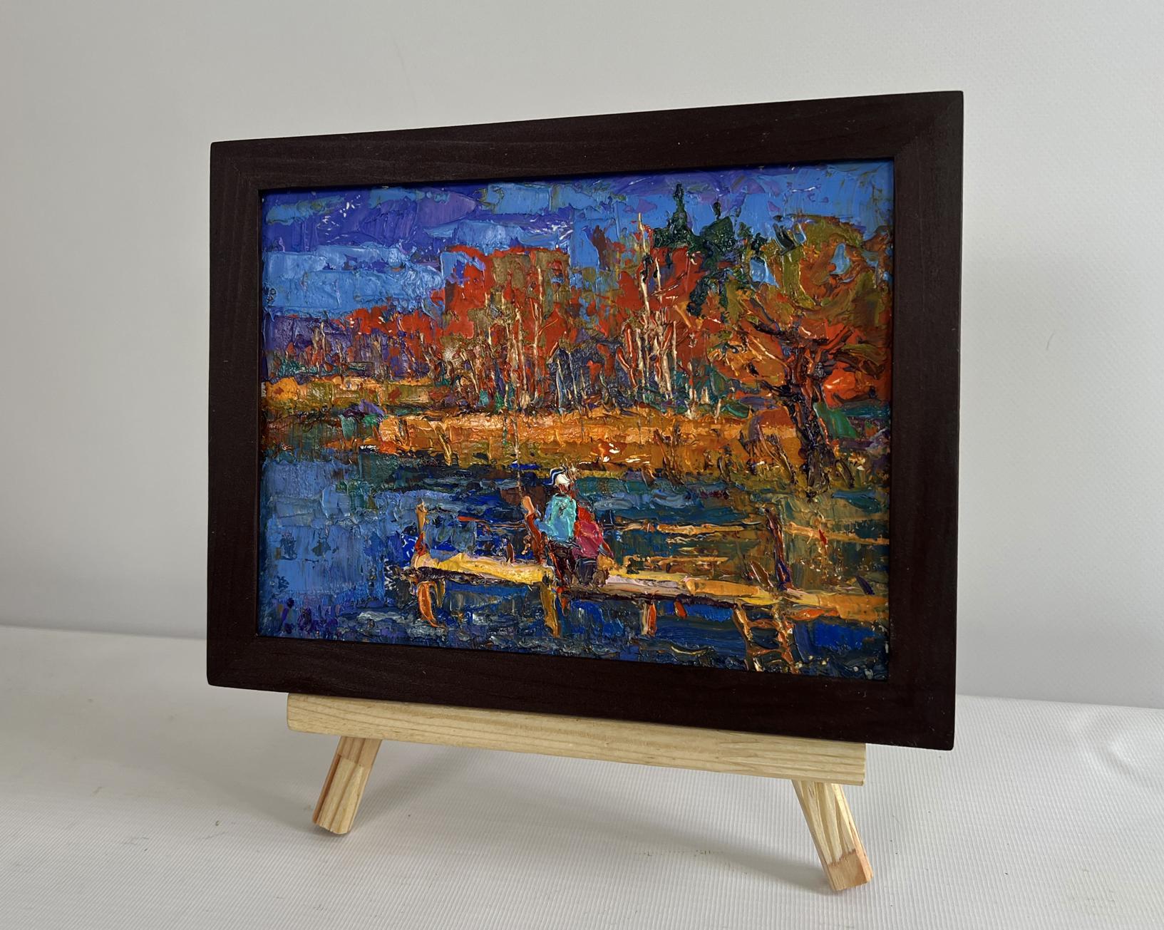 Oil painting Autumn mood near the river by Oksana Ivanyuk, serene autumn dock scene