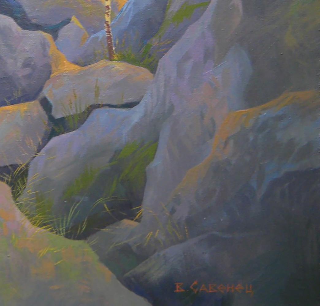Oil painting Among the Stones by Valery Savenets, rugged gray purple rocks with grass