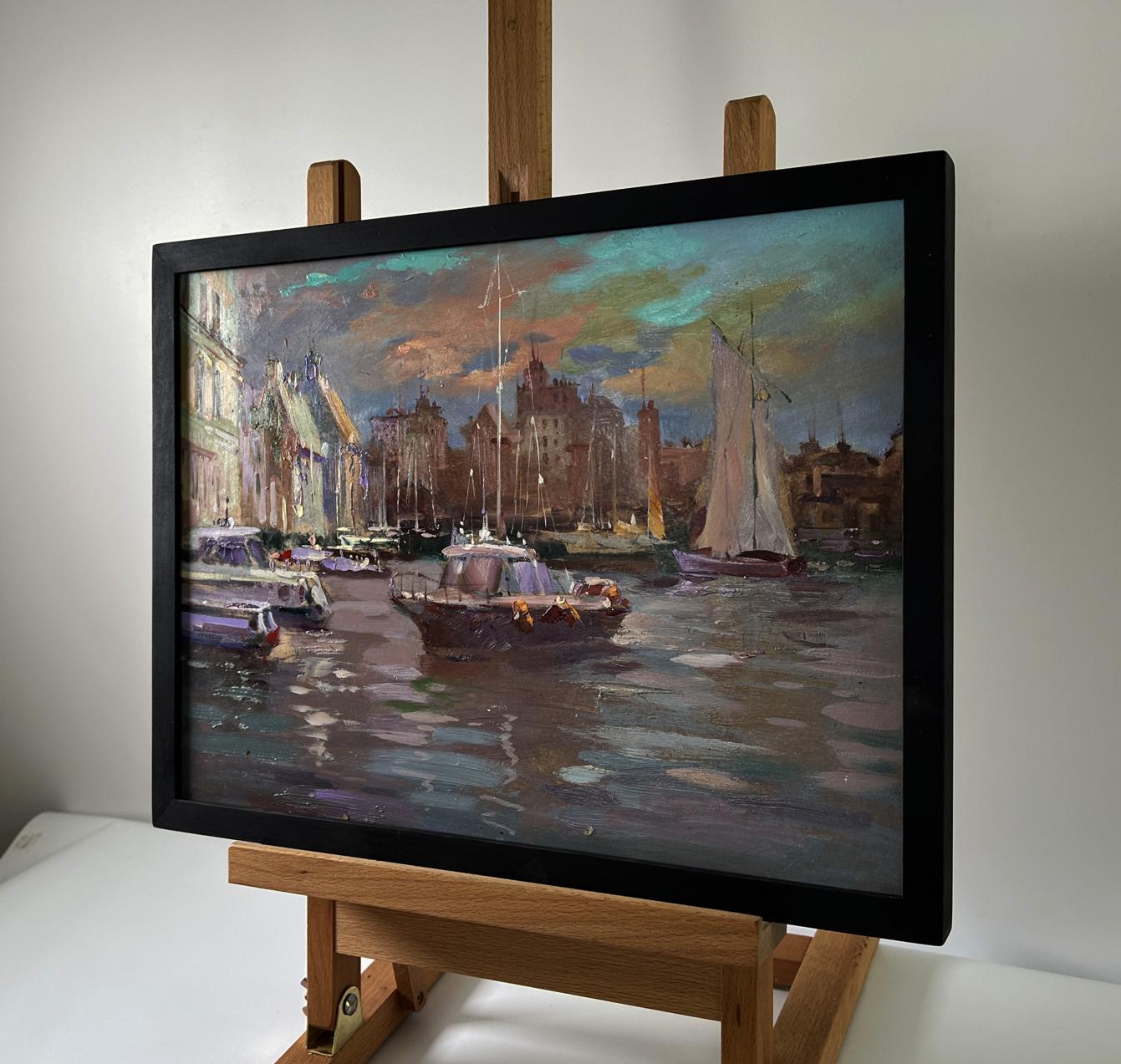 Oil painting of city sailboats by Yuriy Suprunchuk in black frame
