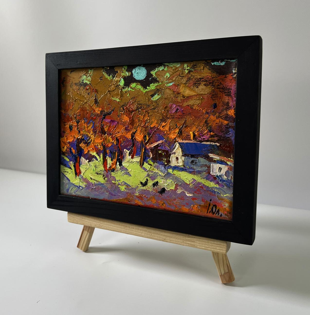 Oil painting Moonlight over the village by Oleksiy Ivanyuk in black frame