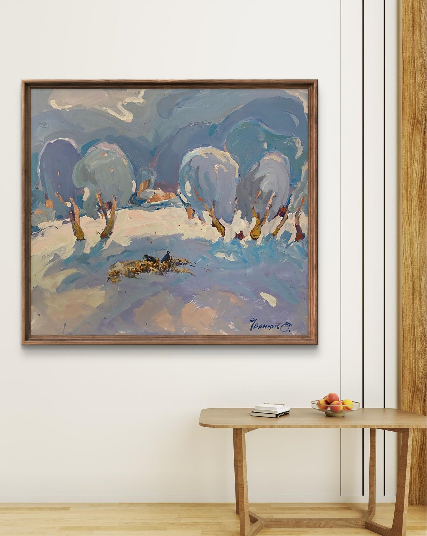 Framed Oleksiy Ivanyuk oil painting of snowy trees in blue white brushstrokes