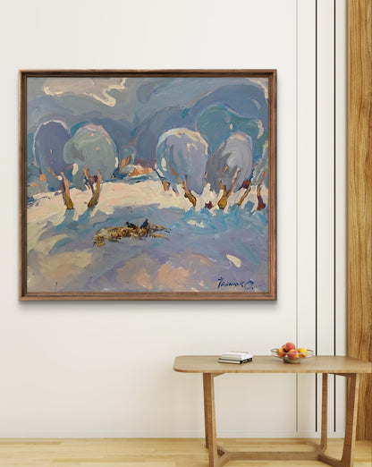 Framed Oleksiy Ivanyuk oil painting of snowy trees in blue white brushstrokes