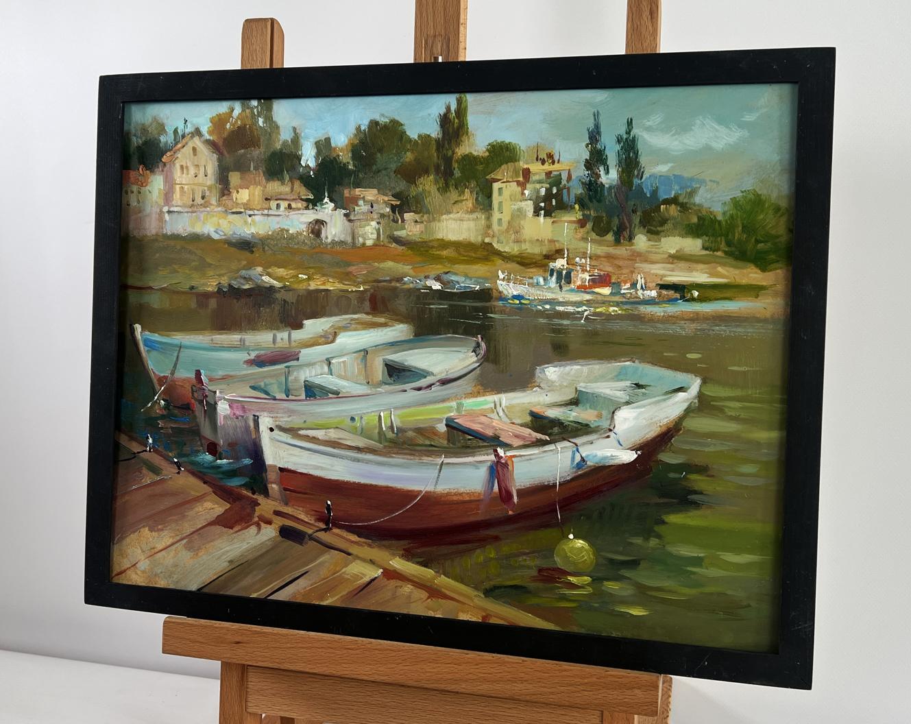 Framed oil painting of city boat ferry by Yuriy Suprunchuk in warm tones
