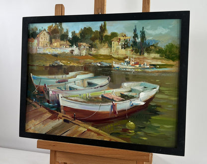 Framed oil painting of city boat ferry by Yuriy Suprunchuk in warm tones