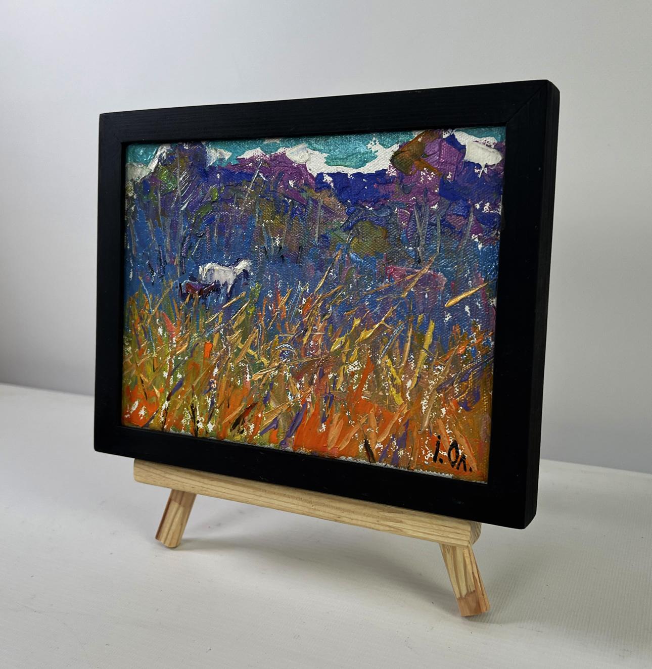 Oil painting Fresh air and birds singing in the meadow by Oleksiy Ivanyuk in black frame