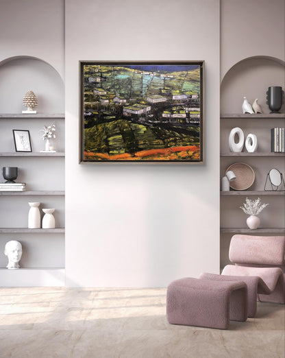 Framed abstract landscape oil painting City project by Serhiy Kovalev