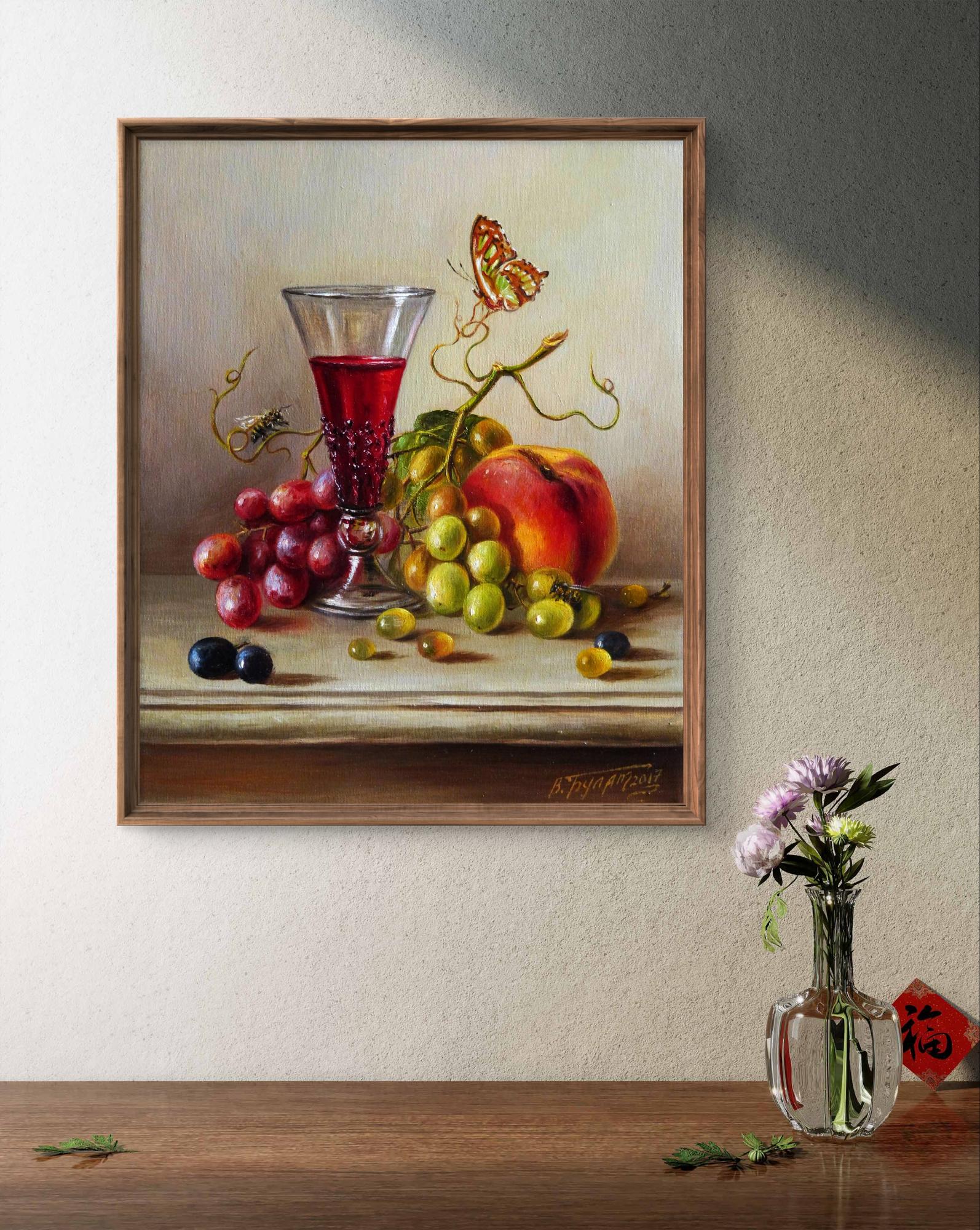 Oil painting Fruity notes Valeriy Bulat: red wine, grapes, peach, butterfly