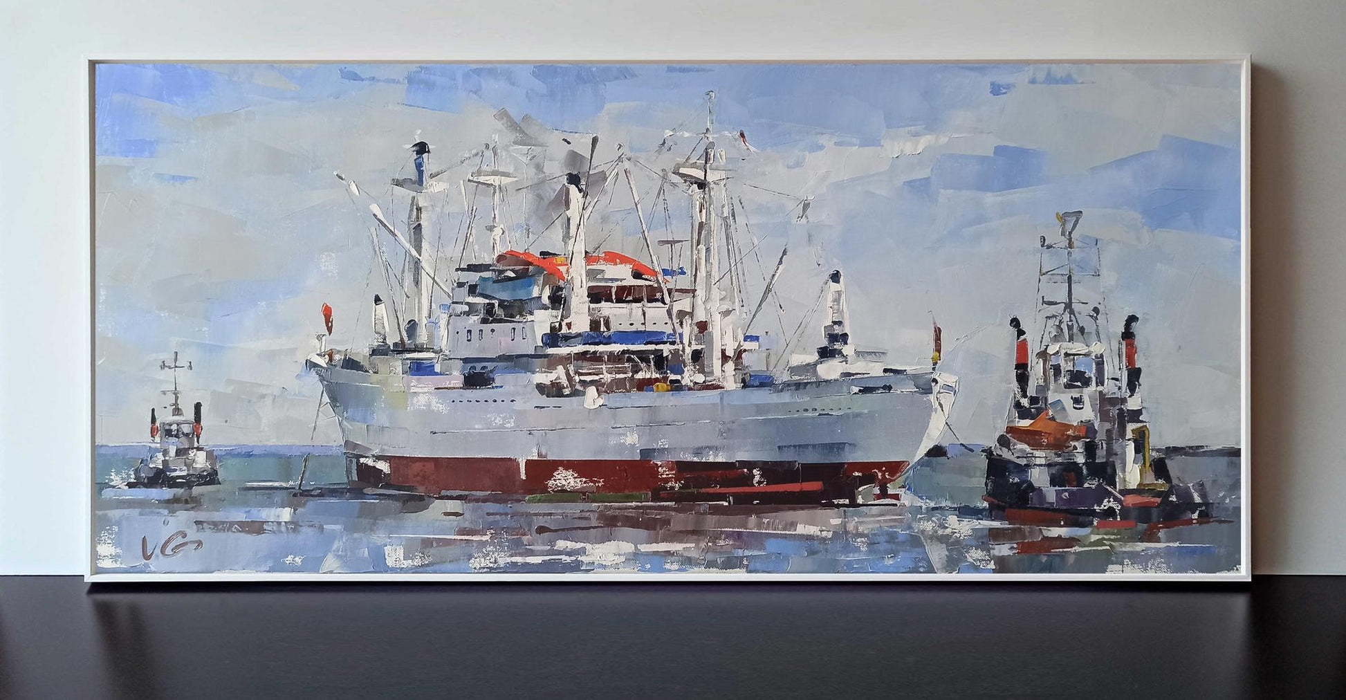Watercolor of Cap San Diego cargo ship with tugboats in harbor