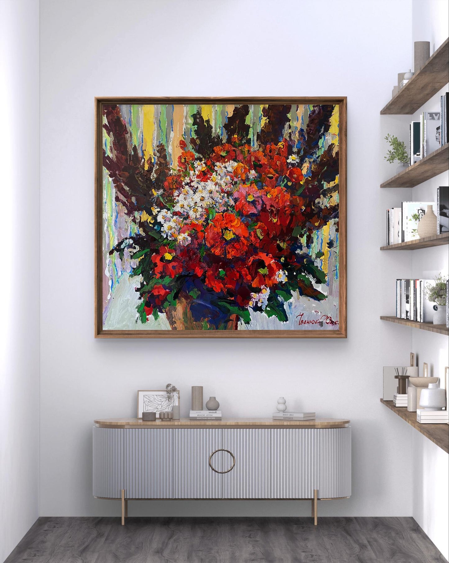 Vibrant Field Mood oil painting by Oksana Ivanyuk in rustic wooden frame
