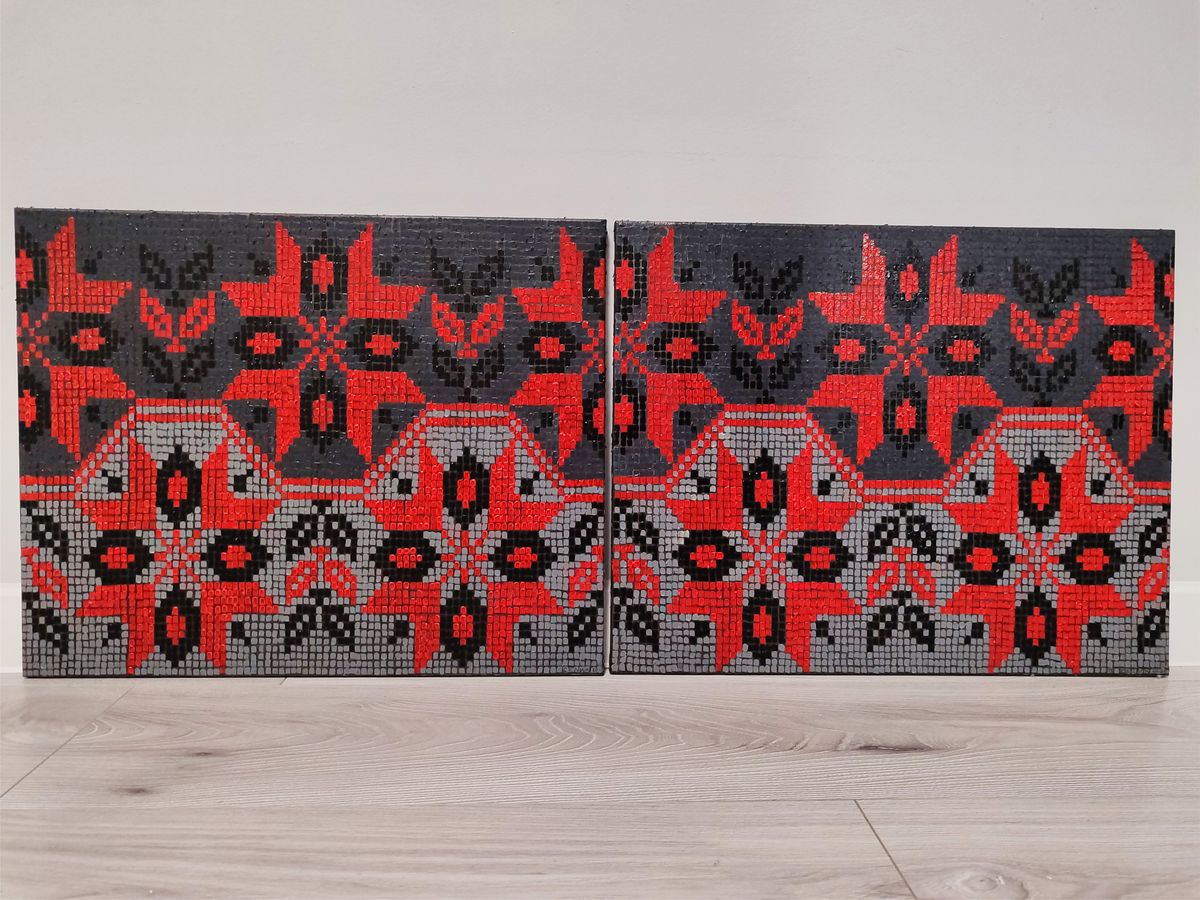 Two oil paintings by Oksana Sklym with red black gray mosaic geometric patterns