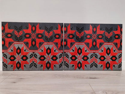 Two oil paintings by Oksana Sklym with red black gray mosaic geometric patterns
