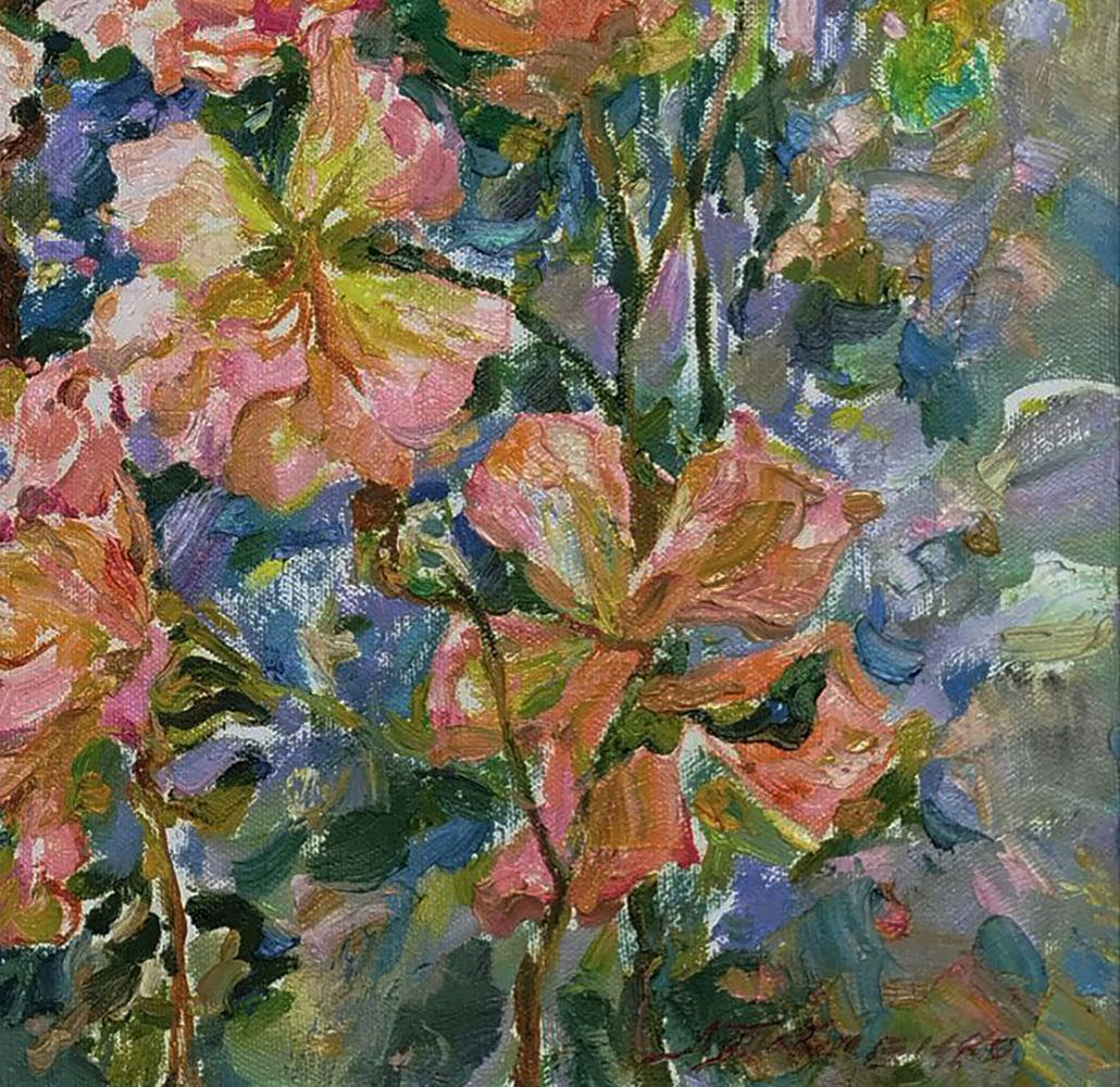 Vibrant pink peach blooming rose bush oil painting by Leonid Pavlenko