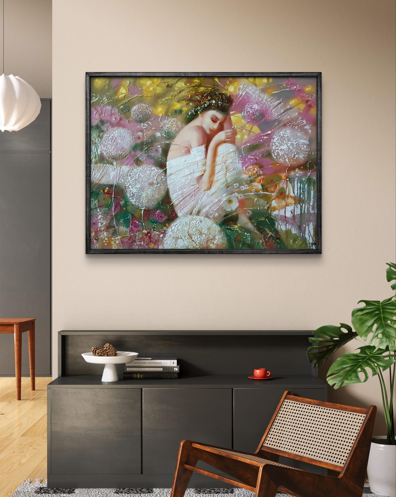 Abstract oil painting White dream by Anatoly Tarabanov, woman in white flowers