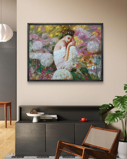 Abstract oil painting White dream by Anatoly Tarabanov, woman in white flowers