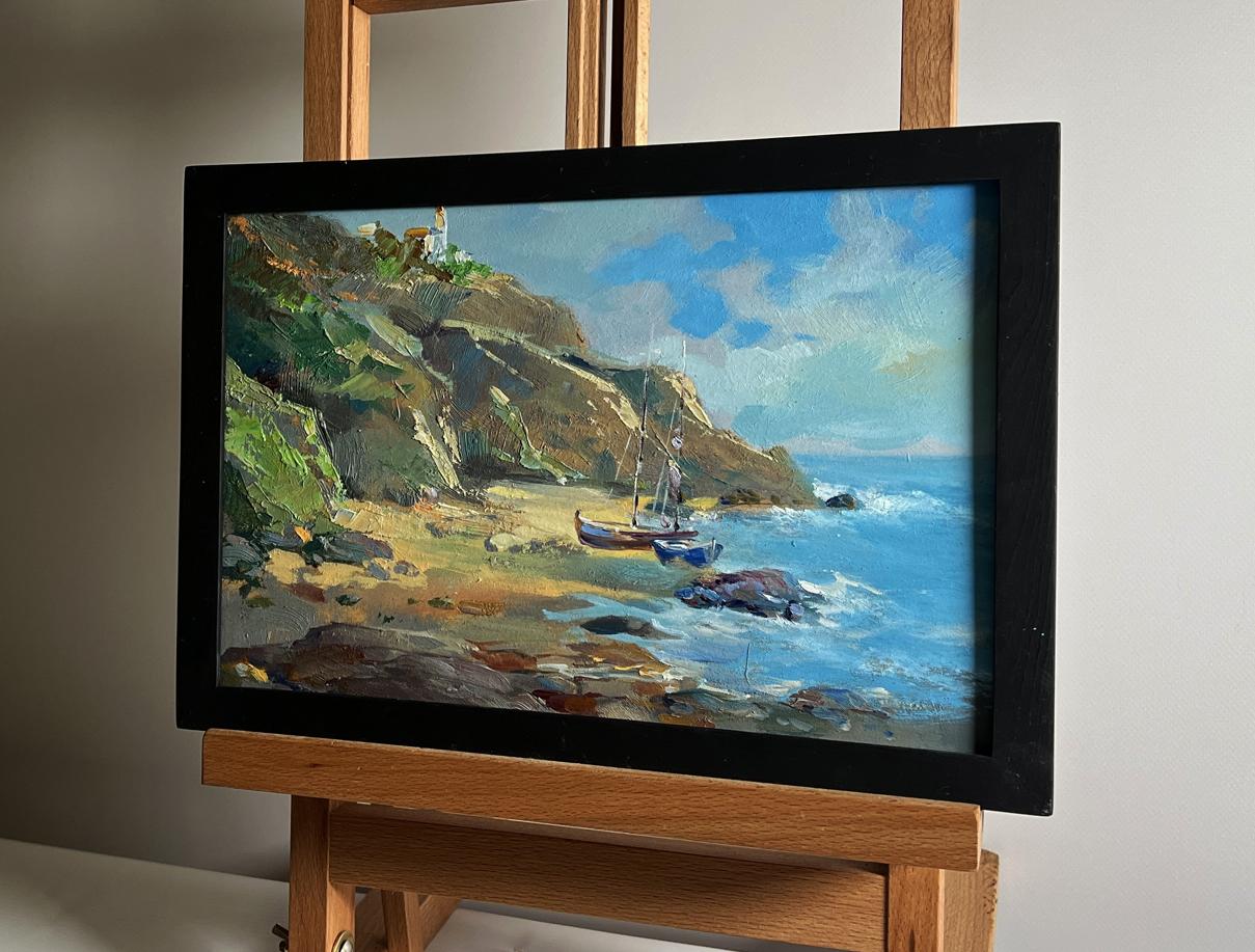Black-framed oil painting of Sunny day at sea by Yuriy Suprunchuk