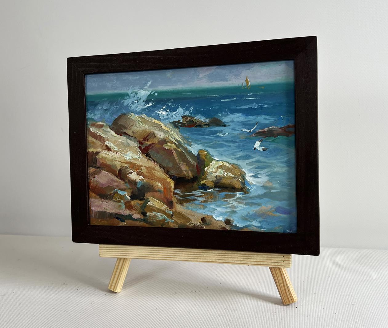 Framed oil painting of sailboats on sea horizon by Yuriy Suprunchuk