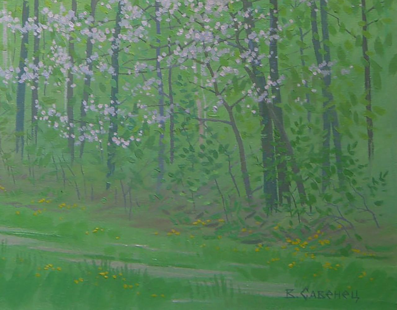 Oil painting April nature by Valery Savenets: spring forest in bloom