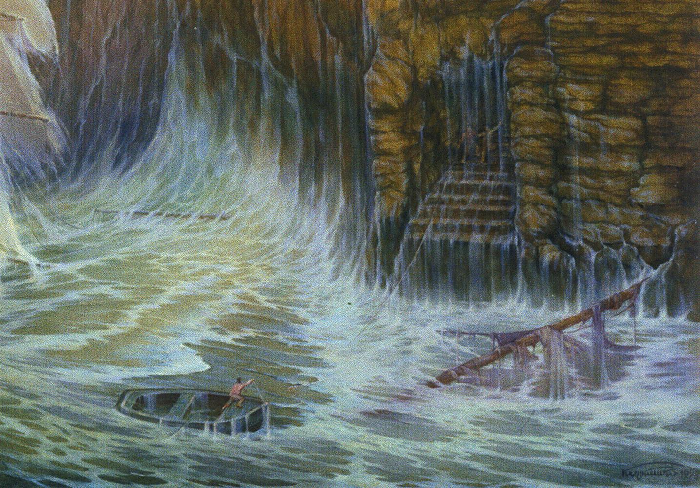 Oil painting of rowboat in stormy sea by Vasily Korkishko