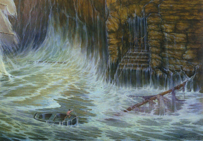 Oil painting of rowboat in stormy sea by Vasily Korkishko