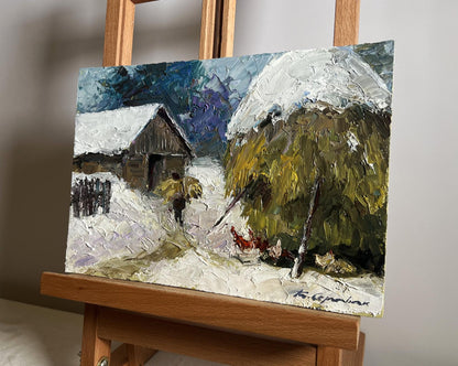 Oil painting Winter bustle in the yard by Boris Serdyuk, textured winter scene
